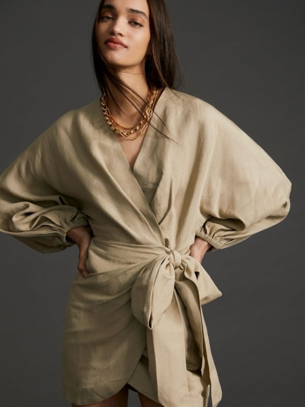 Tie-Waist Mini Dress in Beige